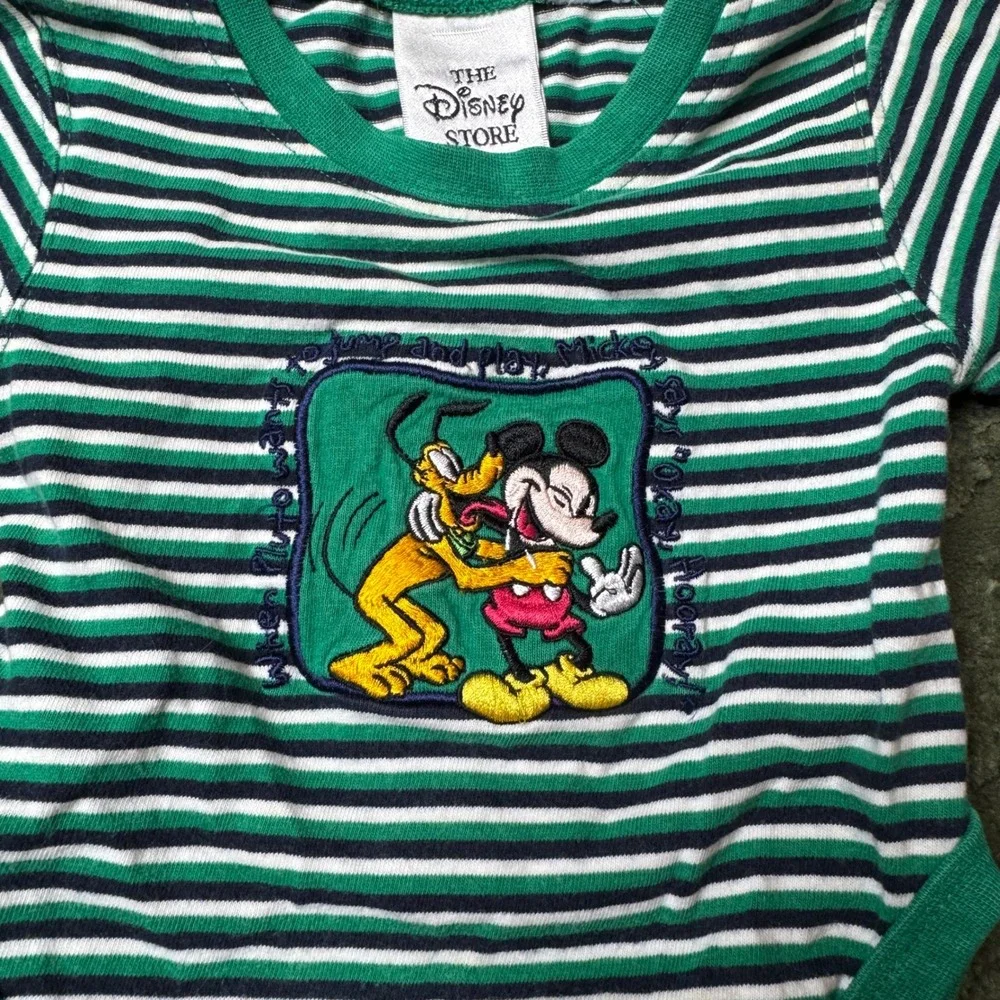 Vintage Disney Store Mickey Mouse Pluto Striped Baby Bodysuit Green Navy White